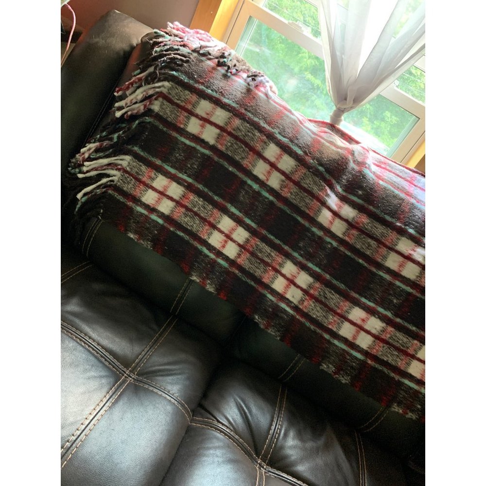 Easy Plaid Blanket / Throw 60x70" Brown, White, Teal and Red Plaid Fringed